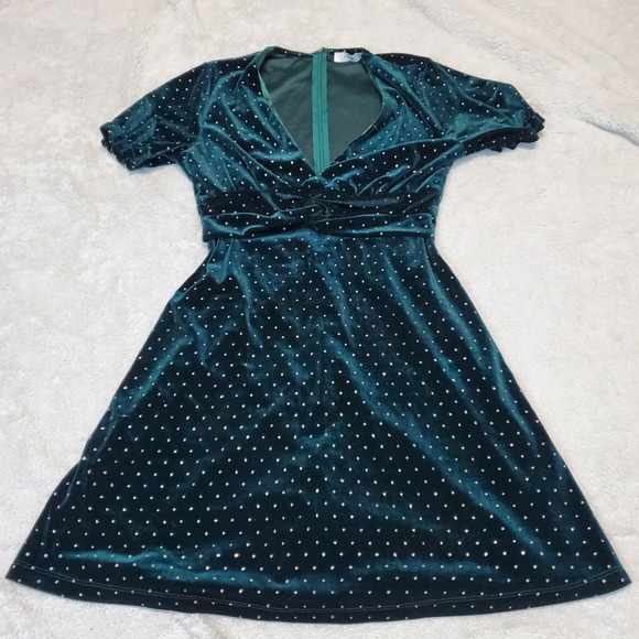 Lush Green Velvet‎ Gold Party Preppy Witchy Romantic Short Sleeve Mini Dress S - Picture 1 of 10